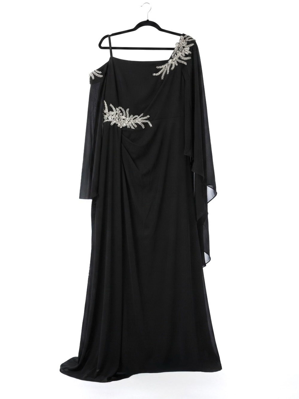Black Silver Plus Size Embellished One Cold Shoulder Formal Evening Gown Sz 18 - Picture 16 of 16